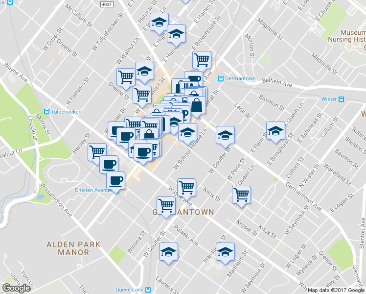 map of restaurants, bars, coffee shops, grocery stores, and more near 51 Maplewood Avenue in Philadelphia