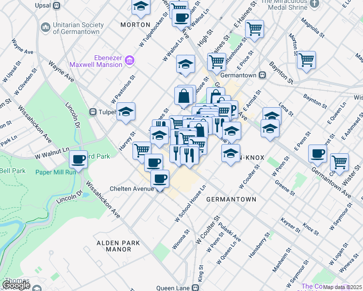 map of restaurants, bars, coffee shops, grocery stores, and more near 5729 Knox Street in Philadelphia