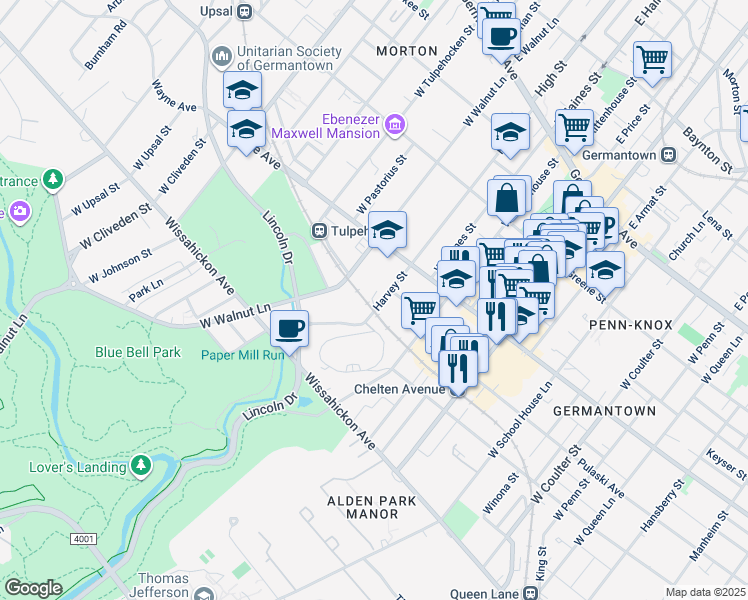 map of restaurants, bars, coffee shops, grocery stores, and more near 471 Harvey Street in Philadelphia