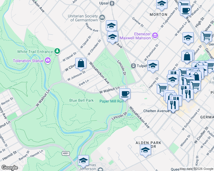 map of restaurants, bars, coffee shops, grocery stores, and more near 6212 Wissahickon Avenue in Philadelphia