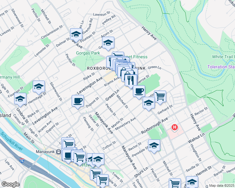 map of restaurants, bars, coffee shops, grocery stores, and more near 464 Green Lane in Philadelphia
