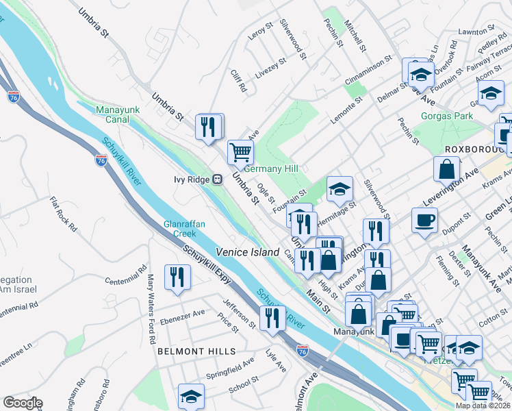 map of restaurants, bars, coffee shops, grocery stores, and more near 4833 Ogle Street in Philadelphia
