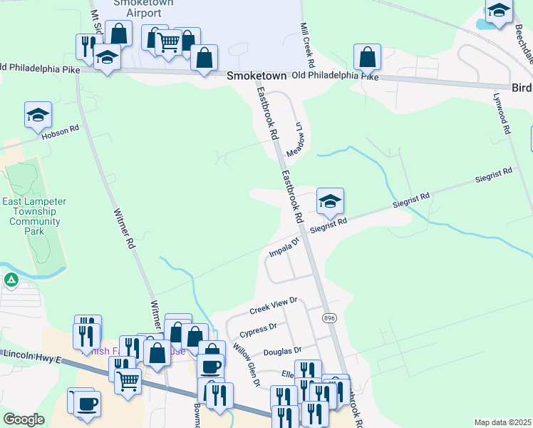 map of restaurants, bars, coffee shops, grocery stores, and more near 150 Eastbrook Road in Smoketown