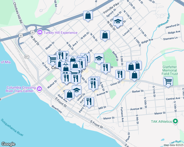 map of restaurants, bars, coffee shops, grocery stores, and more near 28 Lancaster Avenue in Columbia