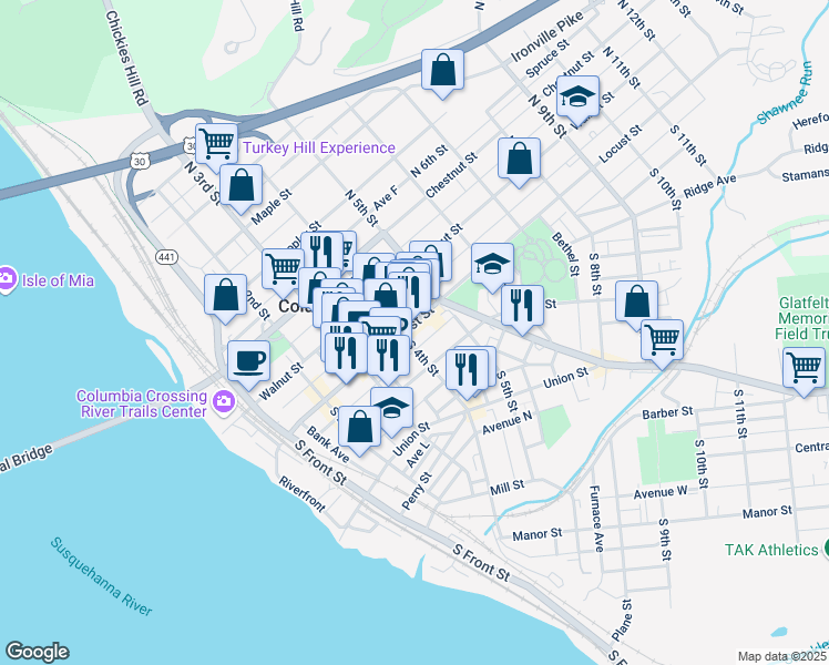 map of restaurants, bars, coffee shops, grocery stores, and more near 458 Locust Street in Columbia
