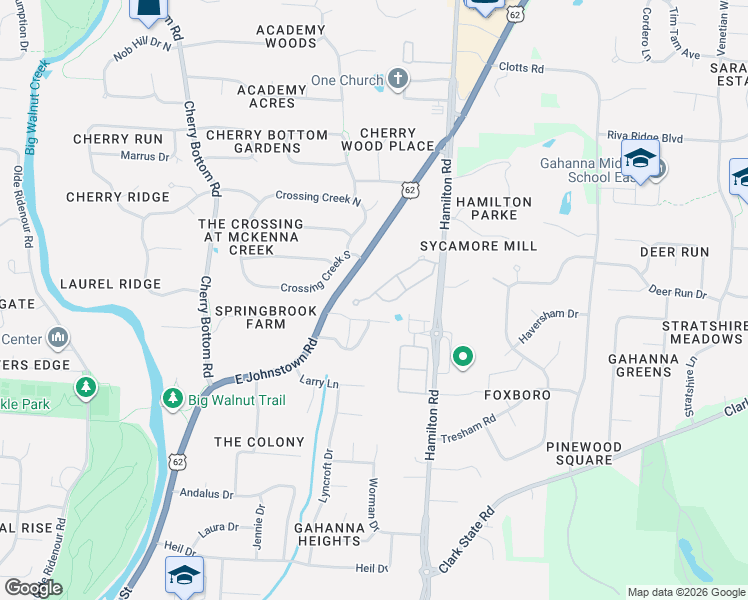 map of restaurants, bars, coffee shops, grocery stores, and more near 341 Sycamore Woods Lane in Gahanna