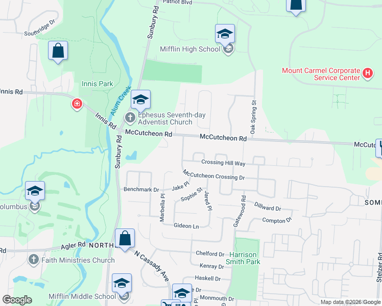 map of restaurants, bars, coffee shops, grocery stores, and more near 3057 McCutcheon Crossing Drive in Columbus