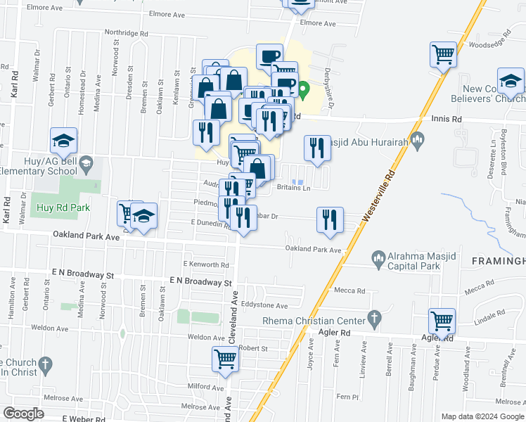 map of restaurants, bars, coffee shops, grocery stores, and more near 3232 Cleveland Avenue in Columbus