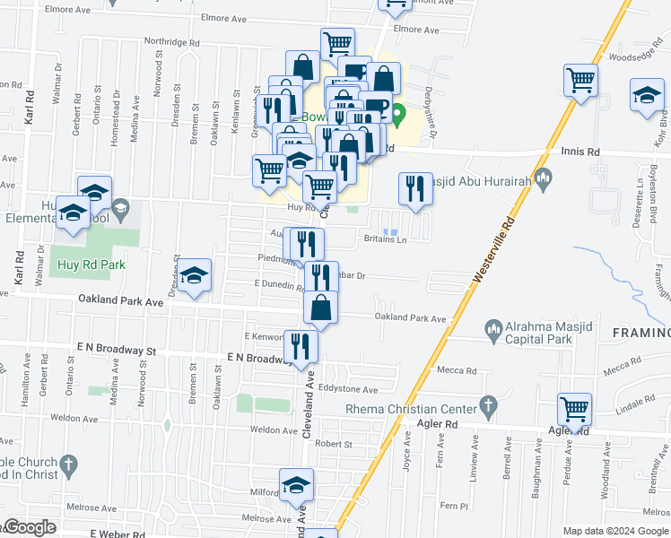 map of restaurants, bars, coffee shops, grocery stores, and more near 3232B Cleveland Avenue in Columbus