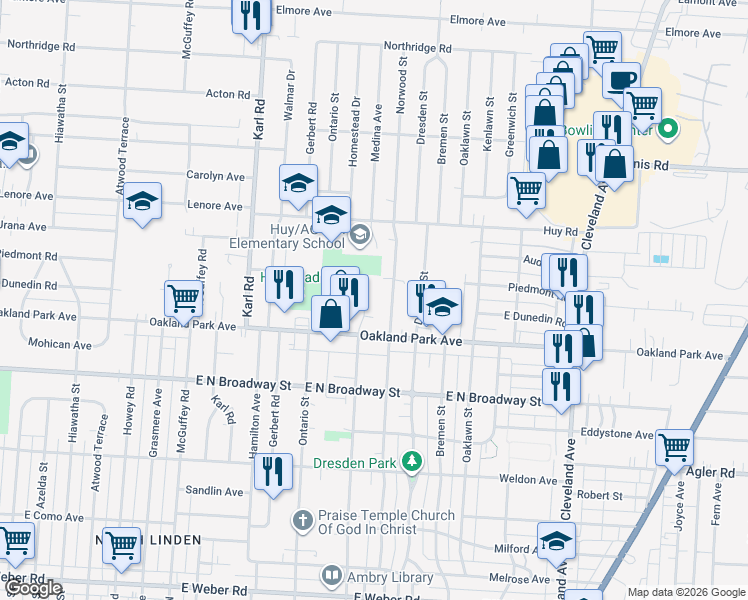 map of restaurants, bars, coffee shops, grocery stores, and more near 3272 Medina Avenue in Columbus