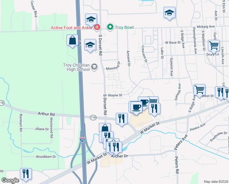 map of restaurants, bars, coffee shops, grocery stores, and more near 1550 Hawk Circle in Troy