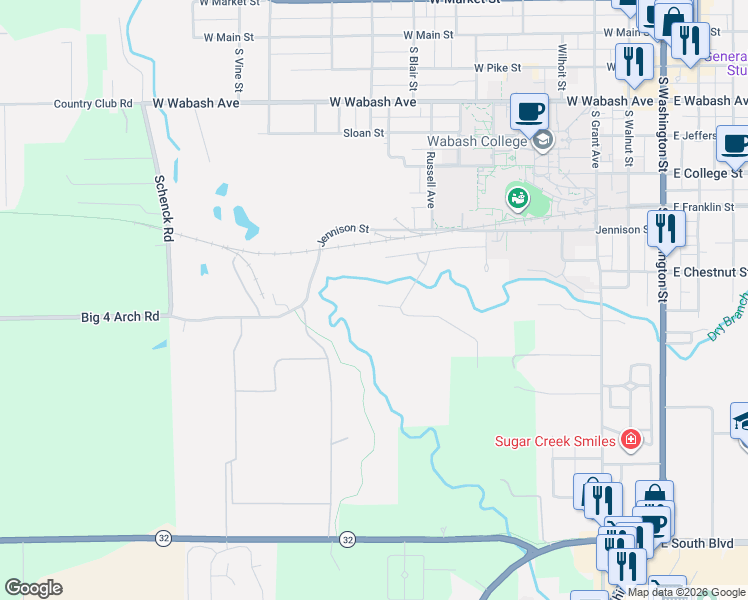 map of restaurants, bars, coffee shops, grocery stores, and more near 809 Sugar Tree Road in Crawfordsville