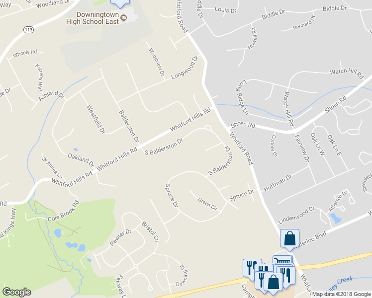 map of restaurants, bars, coffee shops, grocery stores, and more near 353 South Balderston Drive in Exton