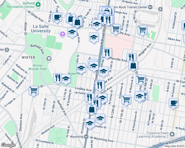 map of restaurants, bars, coffee shops, grocery stores, and more near 5236 North Carlisle Street in Philadelphia