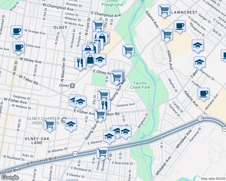 map of restaurants, bars, coffee shops, grocery stores, and more near 327 East Clarkson Avenue in Philadelphia