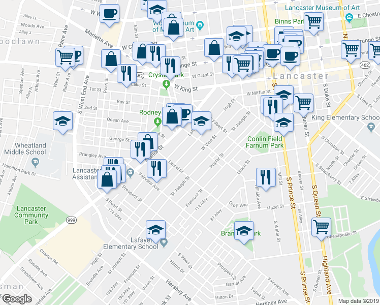 map of restaurants, bars, coffee shops, grocery stores, and more near 634 High Street in Lancaster