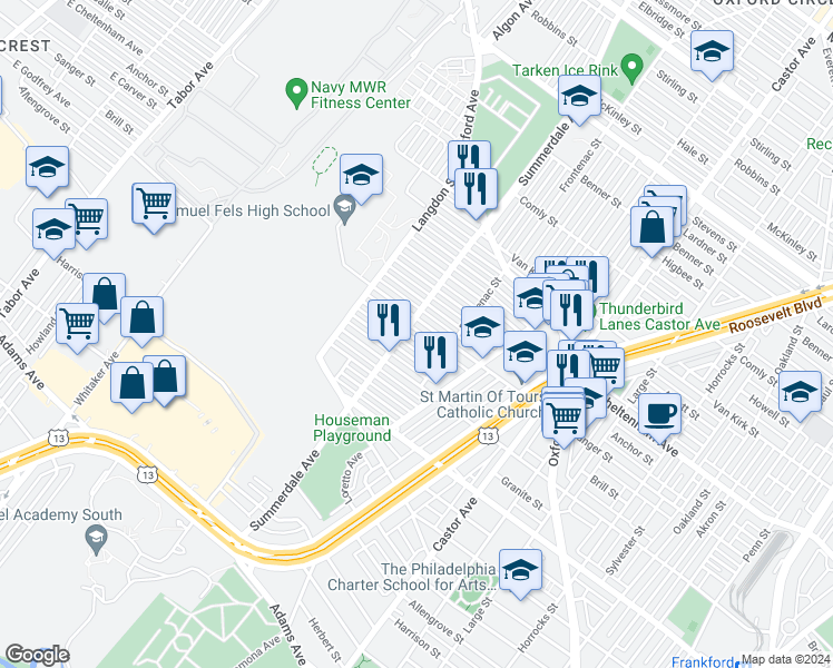 map of restaurants, bars, coffee shops, grocery stores, and more near 909 Brill Street in Philadelphia