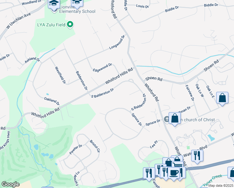 map of restaurants, bars, coffee shops, grocery stores, and more near 353 South Balderston Drive in Exton