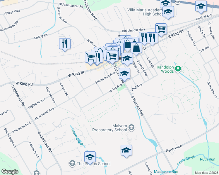 map of restaurants, bars, coffee shops, grocery stores, and more near 134 Powelton Avenue in Malvern