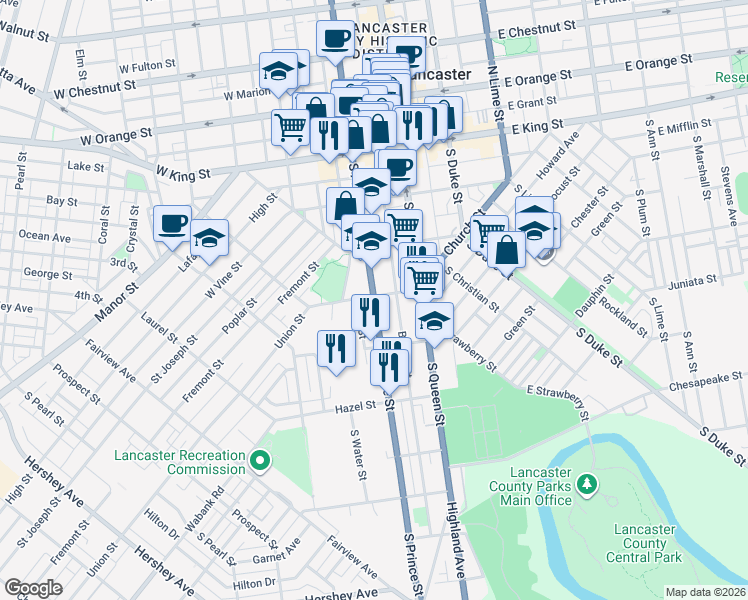 map of restaurants, bars, coffee shops, grocery stores, and more near 251 South Prince Street in Lancaster