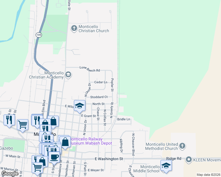 map of restaurants, bars, coffee shops, grocery stores, and more near 1006 Poplar Street in Monticello