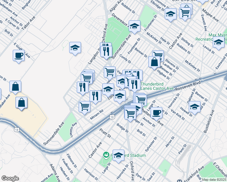 map of restaurants, bars, coffee shops, grocery stores, and more near 989 Anchor Street in Philadelphia