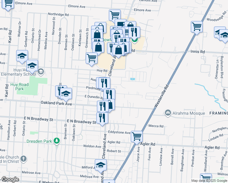 map of restaurants, bars, coffee shops, grocery stores, and more near 3232B Cleveland Avenue in Columbus