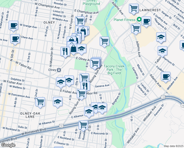 map of restaurants, bars, coffee shops, grocery stores, and more near 336 East Clarkson Avenue in Philadelphia