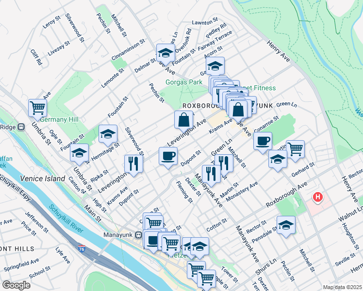 map of restaurants, bars, coffee shops, grocery stores, and more near 354 Krams Avenue in Philadelphia