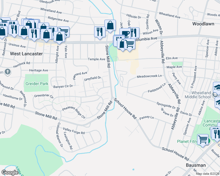 map of restaurants, bars, coffee shops, grocery stores, and more near 103 Oakfield Court East in Lancaster