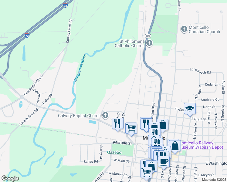 map of restaurants, bars, coffee shops, grocery stores, and more near 30 Foothill Road in Monticello