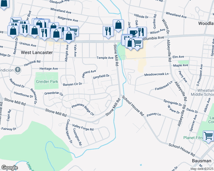 map of restaurants, bars, coffee shops, grocery stores, and more near 106 Dawnfield Court in Lancaster
