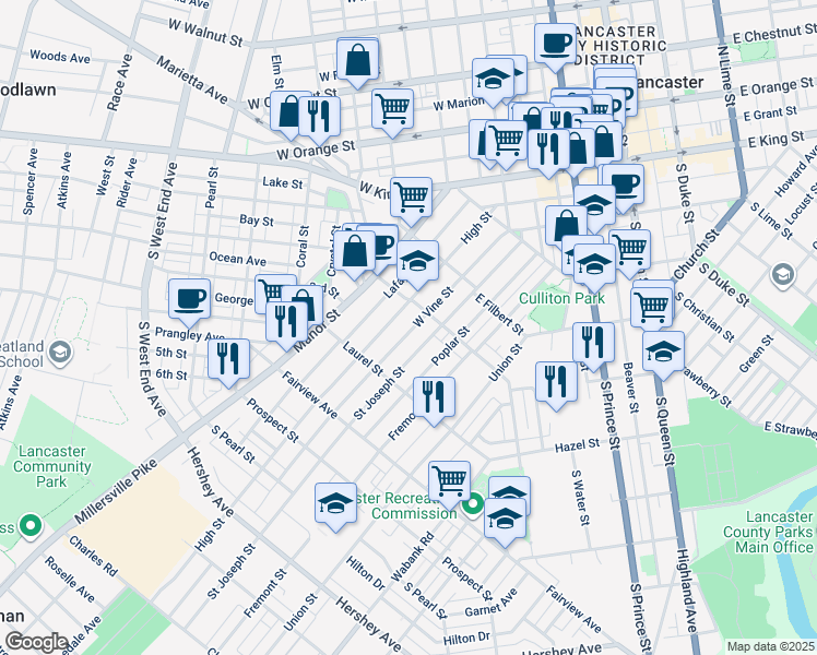 map of restaurants, bars, coffee shops, grocery stores, and more near 625 West Vine Street in Lancaster