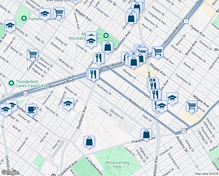 map of restaurants, bars, coffee shops, grocery stores, and more near 6316 Leonard Street in Philadelphia