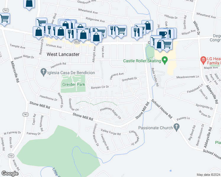 map of restaurants, bars, coffee shops, grocery stores, and more near 110 Banyan Circle Drive in Lancaster