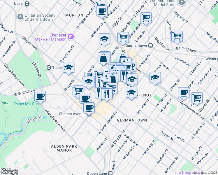 map of restaurants, bars, coffee shops, grocery stores, and more near 100 West Chelten Avenue in Philadelphia