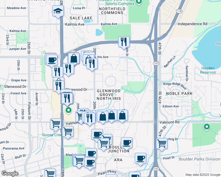 map of restaurants, bars, coffee shops, grocery stores, and more near 3250 O'Neal Circle in Boulder