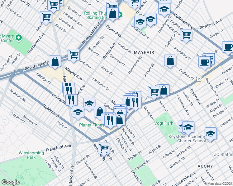 map of restaurants, bars, coffee shops, grocery stores, and more near 3105 Fanshawe Street in Philadelphia