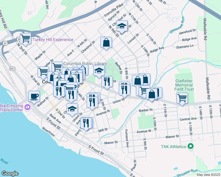 map of restaurants, bars, coffee shops, grocery stores, and more near 138 South 6th Street in Columbia