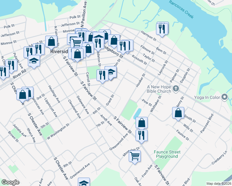 map of restaurants, bars, coffee shops, grocery stores, and more near 64 Park Avenue in Riverside