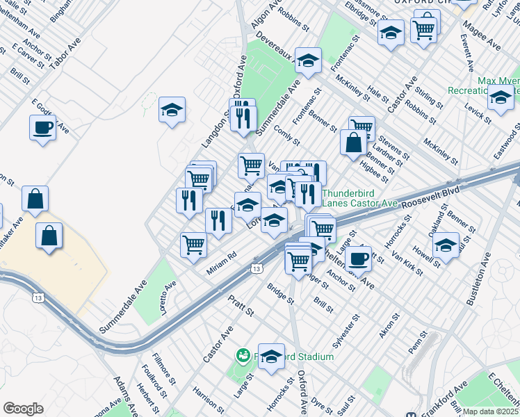 map of restaurants, bars, coffee shops, grocery stores, and more near 989 Anchor Street in Philadelphia