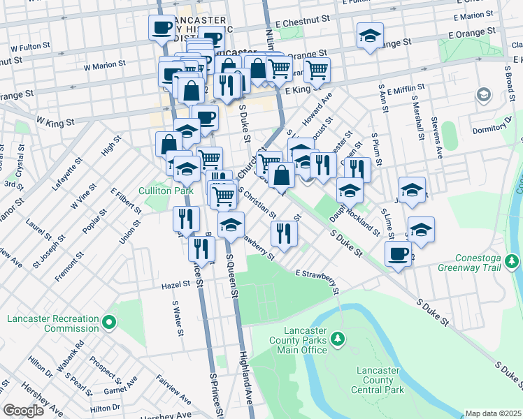 map of restaurants, bars, coffee shops, grocery stores, and more near 438 South Christian Street in Lancaster