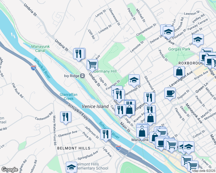 map of restaurants, bars, coffee shops, grocery stores, and more near 4833 Ogle Street in Philadelphia