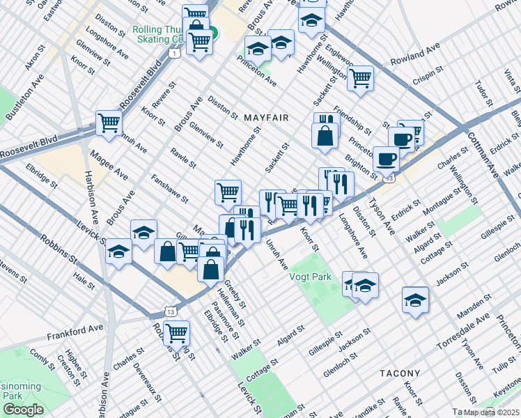 map of restaurants, bars, coffee shops, grocery stores, and more near 3231 Rawle Street in Philadelphia