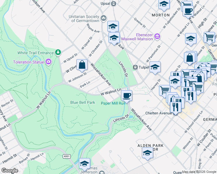 map of restaurants, bars, coffee shops, grocery stores, and more near 6212 Wissahickon Avenue in Philadelphia