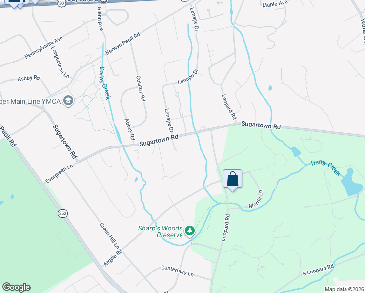 map of restaurants, bars, coffee shops, grocery stores, and more near 1242 Sugartown Road in Berwyn