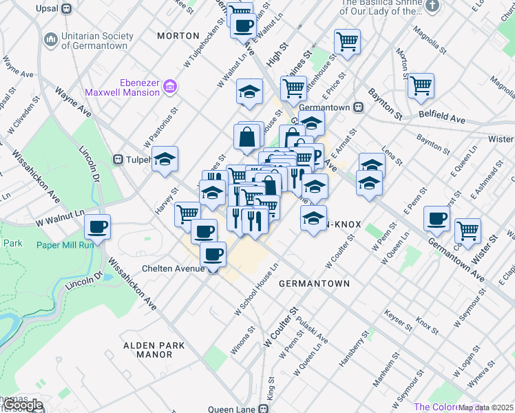map of restaurants, bars, coffee shops, grocery stores, and more near 5729 Knox Street in Philadelphia