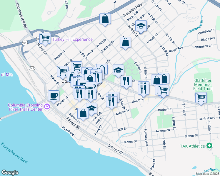 map of restaurants, bars, coffee shops, grocery stores, and more near 28 Lancaster Avenue in Columbia