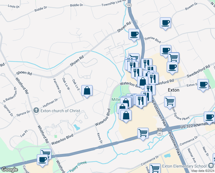 map of restaurants, bars, coffee shops, grocery stores, and more near 100 Kimberwyck Lane in Exton