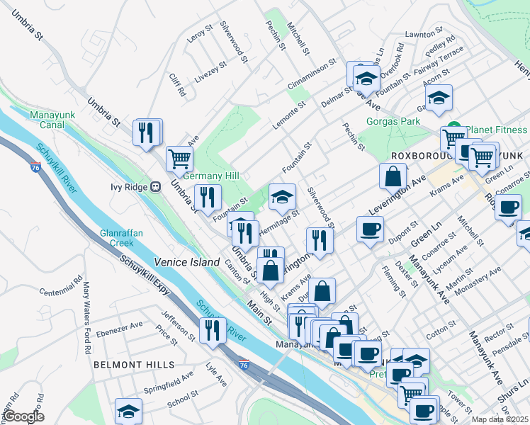 map of restaurants, bars, coffee shops, grocery stores, and more near 243 Gates Street in Philadelphia